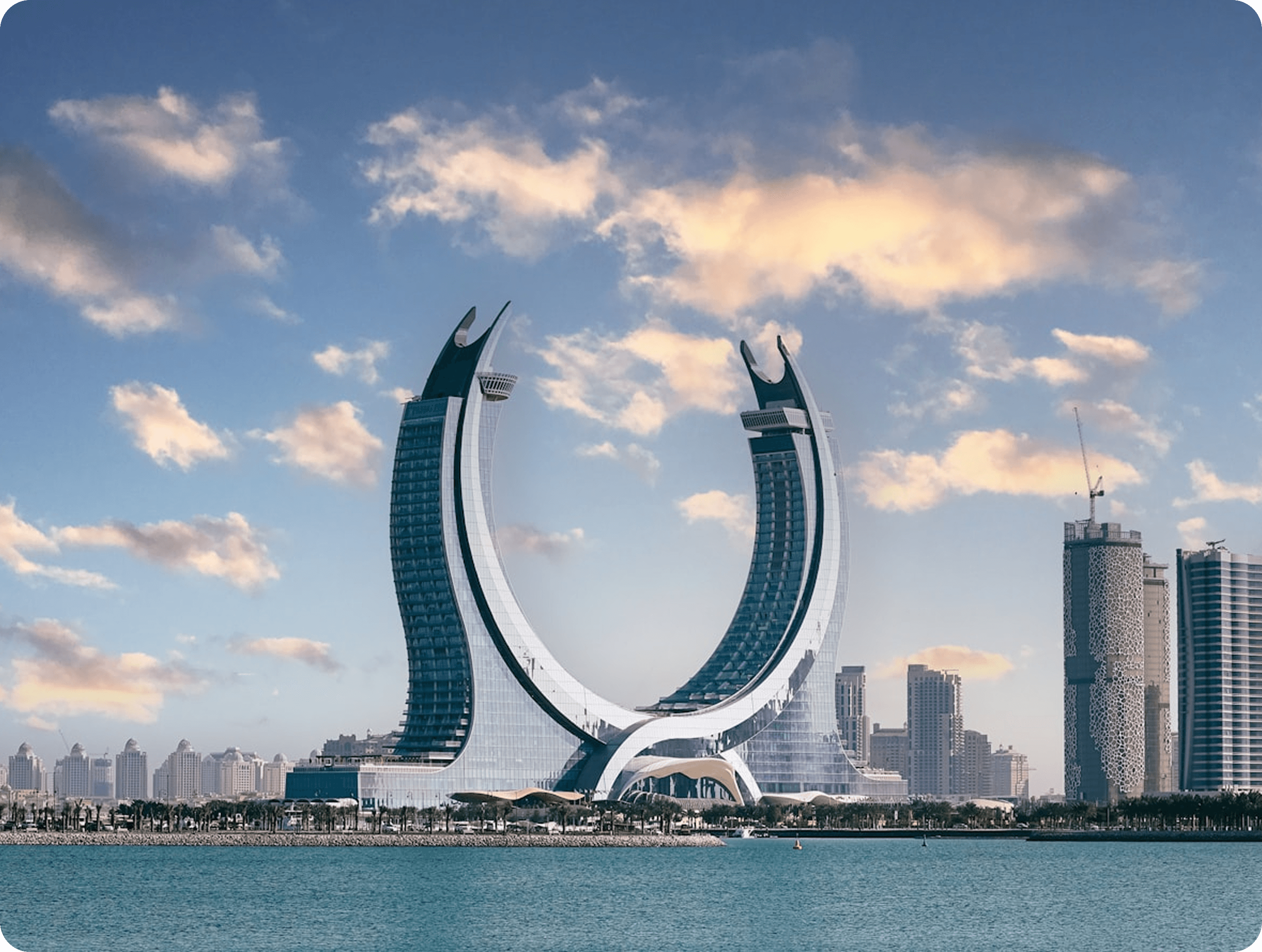 Doha city skyline with crescent tower